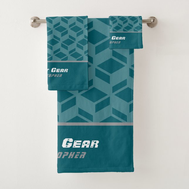Modern Repeat Pattern Dark Teal Bath Towel Set (Insitu)