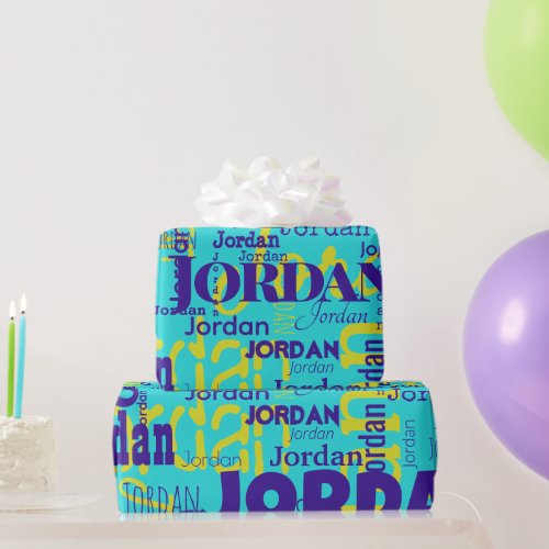 Modern Repeating Name Blue Purple Yellow Trendy Wrapping Paper