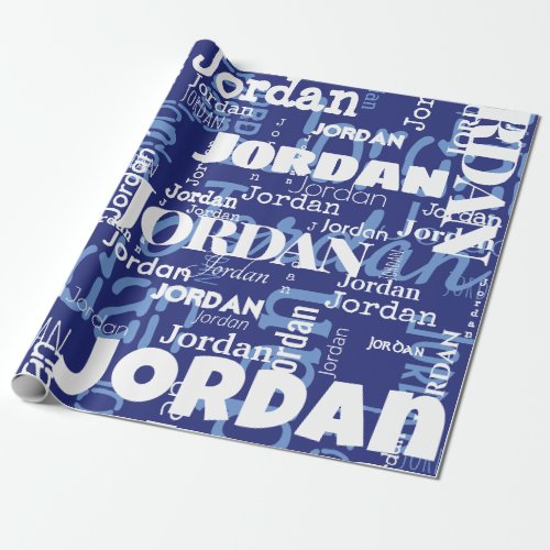 Modern Repeating Name Blue White Font Pattern  Wrapping Paper