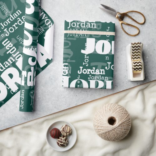 Modern Repeating Name Pattern Emerald Green White Wrapping Paper