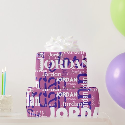 Modern Repeating Name Pattern Trendy Pink Purple Wrapping Paper