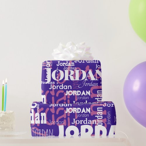 Modern Repeating Name Purple Pink White Wrapping Paper