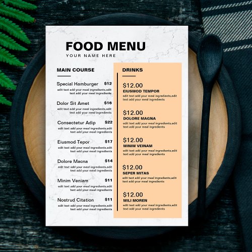 Modern Restaurant Food Mermer Menu  Price List