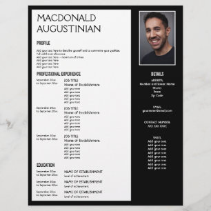 Modern RESUME TEMPLATE Customizable Photo BLACK Letterhead