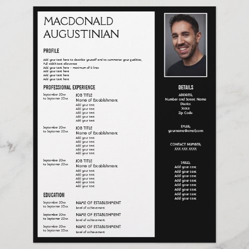 Modern  RESUME TEMPLATE Customizable Photo BLACK Letterhead