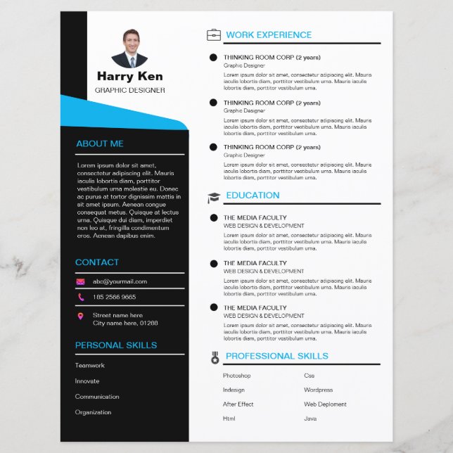 Modern Resume Template Customizable Photo Blue CV (Front)