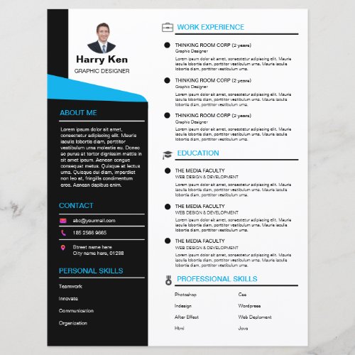 Modern Resume Template Customizable Photo Blue CV