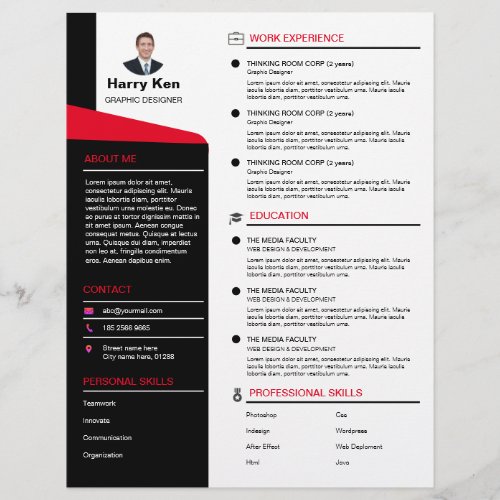 Modern Resume Template Customizable Photo RED CV Letterhead