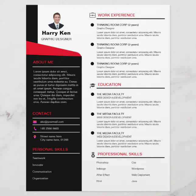 Modern Resume Template Customizable Photo RED CV Letterhead | Zazzle