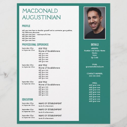 Modern RESUME TEMPLATE Customizable Photo TEAL Letterhead