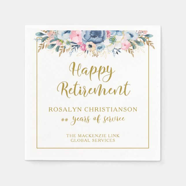 Modern Retirement Elegant Script Gold Floral Napkins (Front)