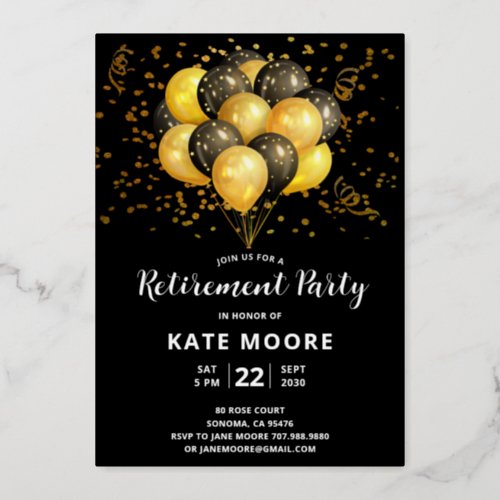 Modern Retirement Gold Black Balloons Foil Invitation