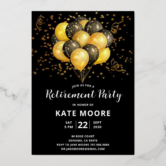Modern Retirement Gold Black Balloons Foil Invitation (Front)