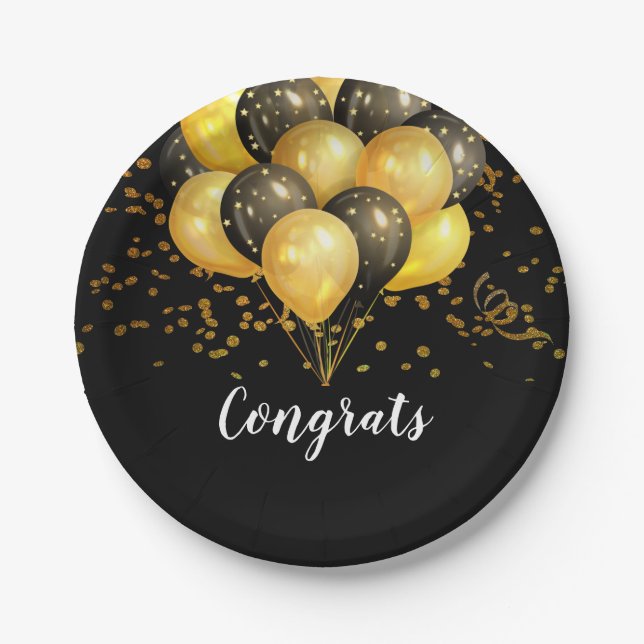 Modern Retirement Party Black And Gold Paper Plates (Front)