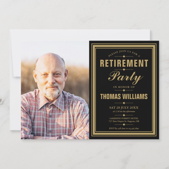 Modern Retirement Party Black And Gold Photo Invitation | Zazzle.com