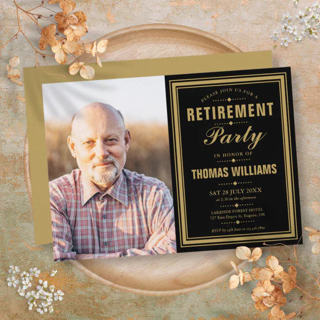 Modern Retirement Party Black And Gold Photo Invitation | Zazzle