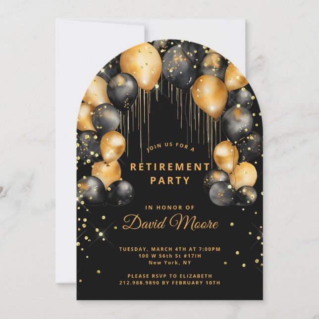 Modern Retirement Party Black Gold Glitter Arch Invitation (Front)