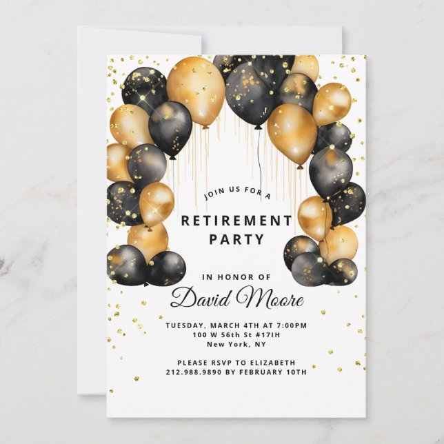 Modern Retirement Party Black Gold White Invitation (Front)
