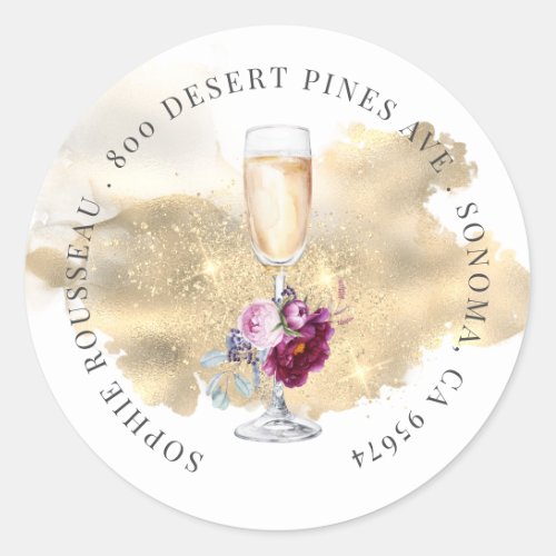 Modern Retirement Party Champagne Glitter Address Classic Round Sticker