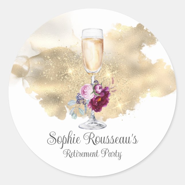 Modern Retirement Party Champagne Glitter Classic Round Sticker (Front)