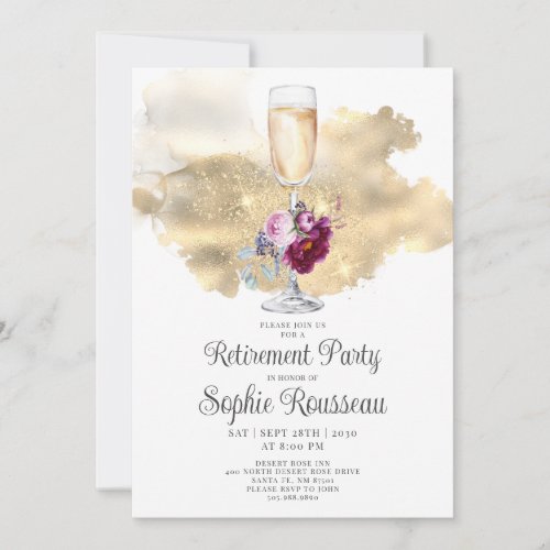 Modern Retirement Party Champagne Glitter Floral Invitation