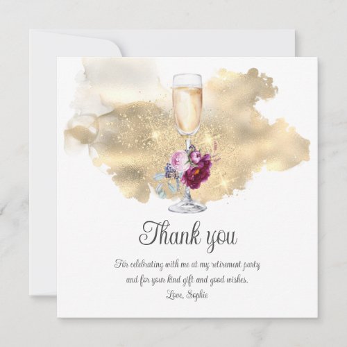 Modern Retirement Party Champagne Glitter Floral Thank You Card