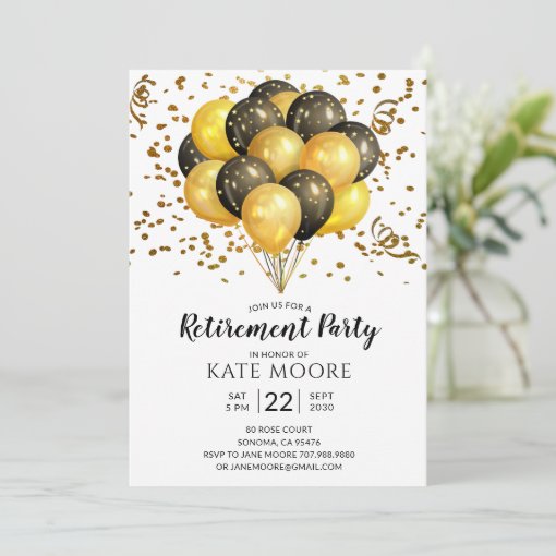 Modern Retirement Party Gold Black Balloons Announ Invitation 