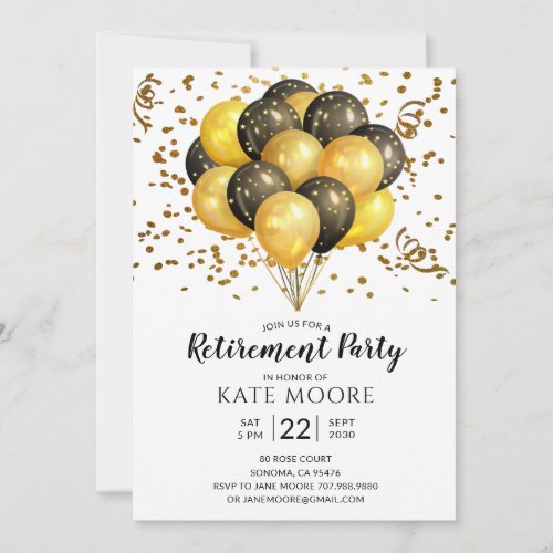 Modern Retirement Party Gold Black Balloons Announ Invitation