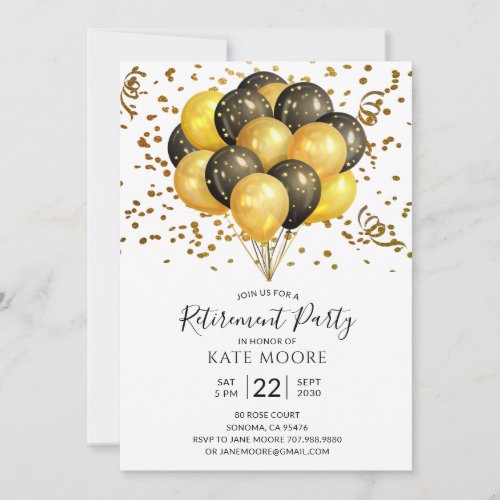 Modern Retirement Party Gold Black Balloons Announ Invitation