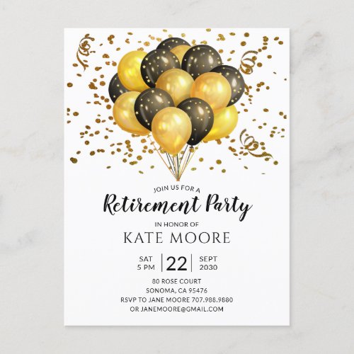 Modern Retirement Party Gold Black Balloons Announcement Postcard