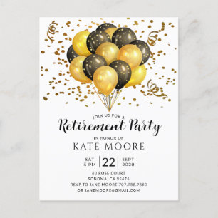 Modern Retirement Party Gold Black Balloons Announcement Postcard
