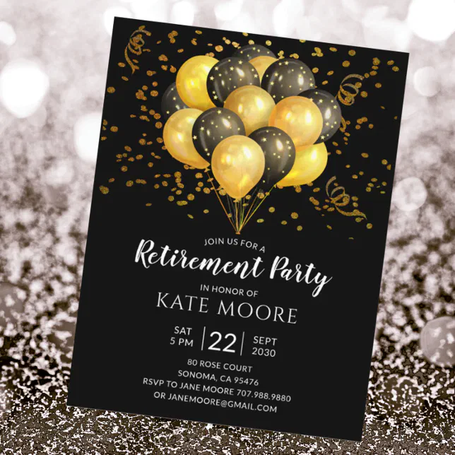 Modern Retirement Party Gold Black Balloons Black Announcement Postcard ...