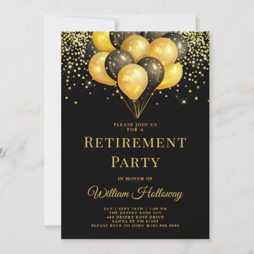Modern Retirement Party Gold Black Balloons Black Invitation