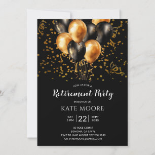 Modern Retirement Party Gold Black Balloons Black Invitation