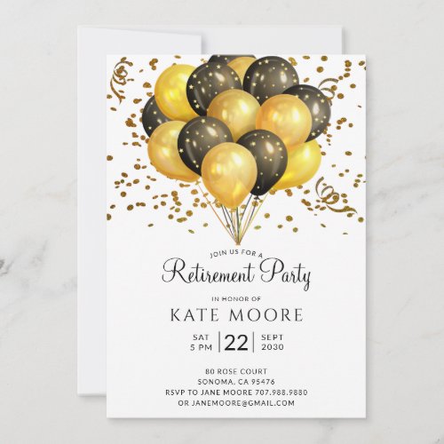 Modern Retirement Party Gold Black Balloons Invitation