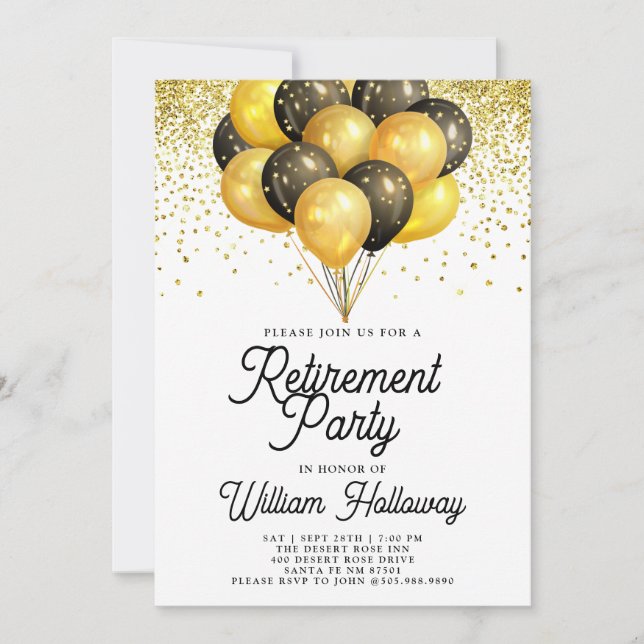 Modern Retirement Party Gold Black Balloons  Invitation (Front)