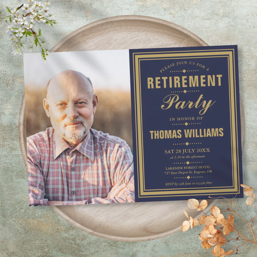 Modern Retirement Party Navy Blue And Gold Photo Invitation (Modern Retirement Party Navy Blue And Gold Photo Invitation)