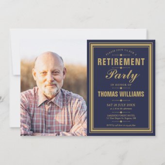 Modern Retirement Party Navy Blue And Gold Photo Invitation | Zazzle