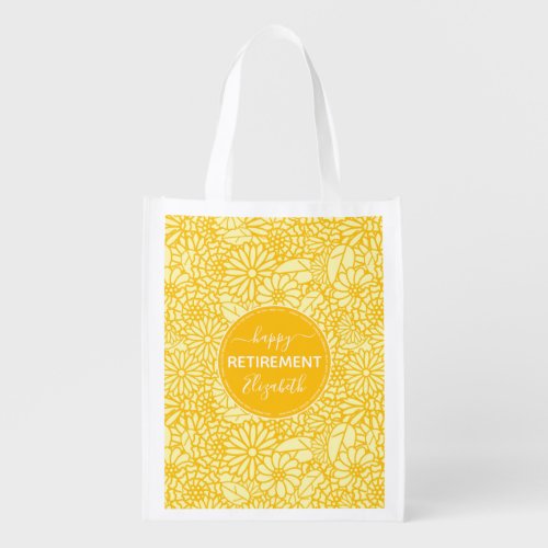 Modern Retirement yellow floral name  Grocery Bag