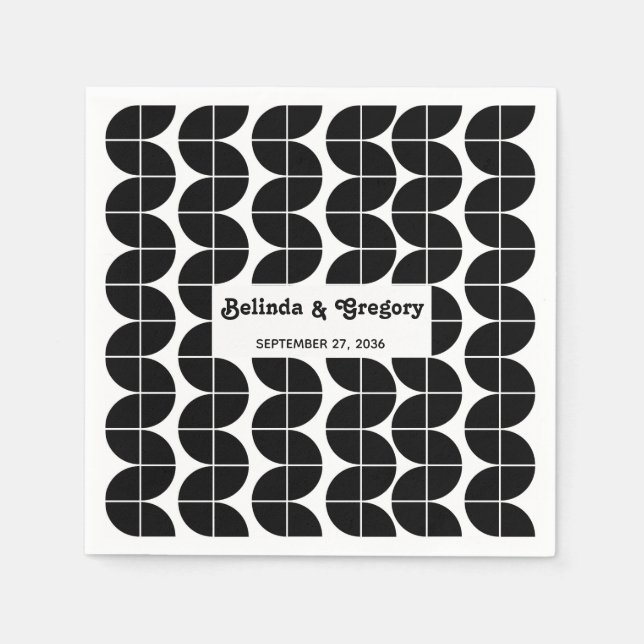 Modern Retro 70's Black White Waves Wedding  Napkins (Front)