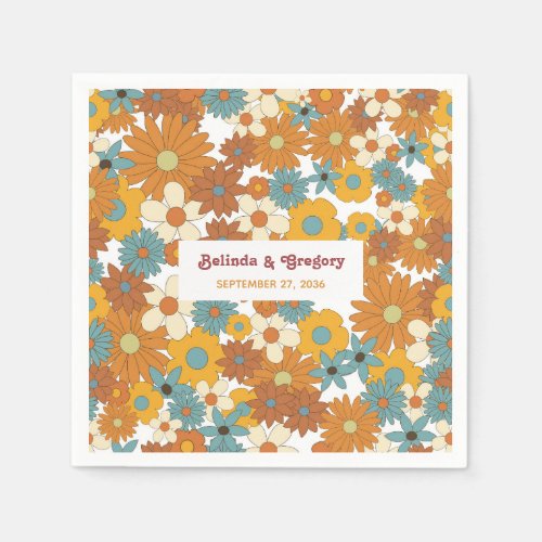 Modern Retro 70's Colorful Flowers Hippie Wedding  Napkins