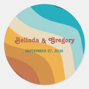 Modern Retro 70's Colorful Rainbow Waves Wedding Classic Round Sticker