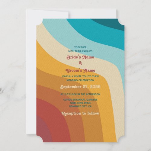 Modern Retro 70s Colorful Rainbow Waves Wedding Invitation