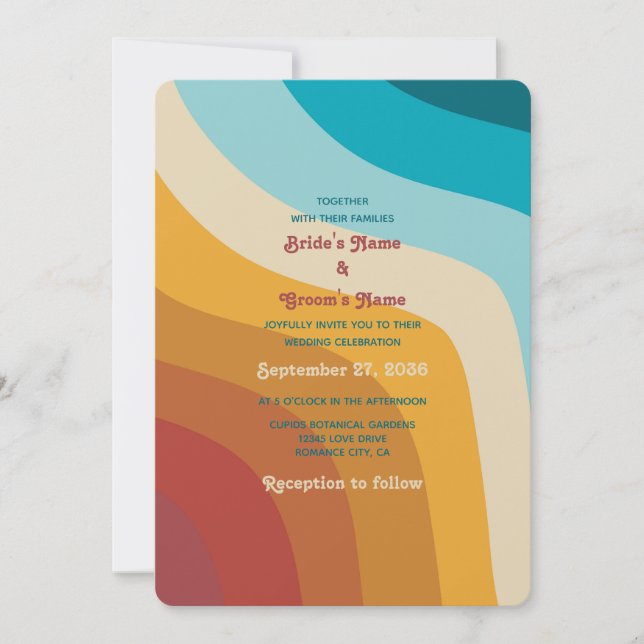 Modern Retro 70's Colorful Rainbow Waves Wedding  Invitation (Front)