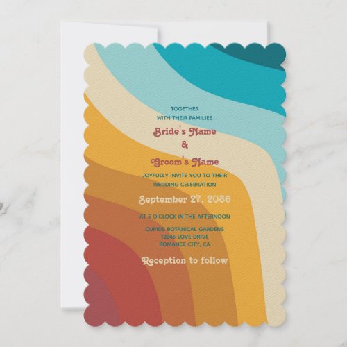 Modern Retro 70s Colorful Rainbow Waves Wedding Invitation