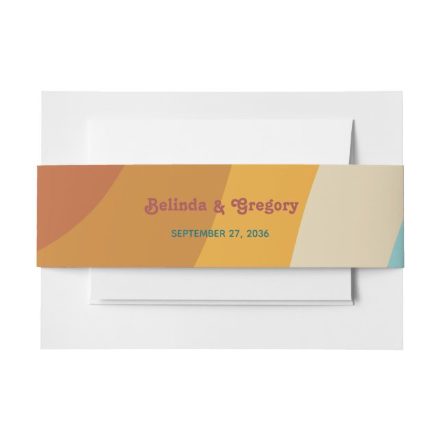 Modern Retro 70's Colorful Rainbow Waves Wedding   Invitation Belly Band (Front Example)