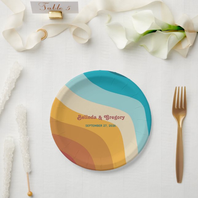 Modern Retro 70's Colorful Rainbow Waves Wedding  Paper Plates (Wedding)
