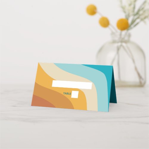 Modern Retro 70s Colorful Rainbow Waves Wedding Place Card