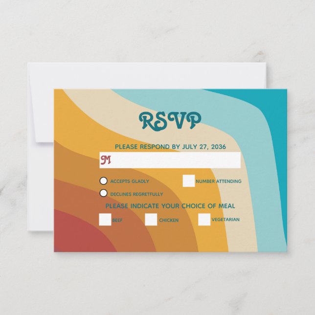 Modern Retro 70's Colorful Rainbow Waves Wedding RSVP Card (Front)