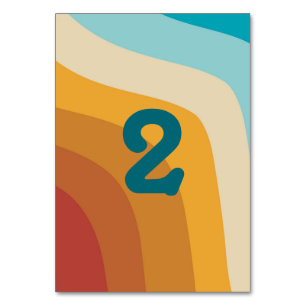 Modern Retro 70's Colorful Rainbow Waves Wedding Table Number
